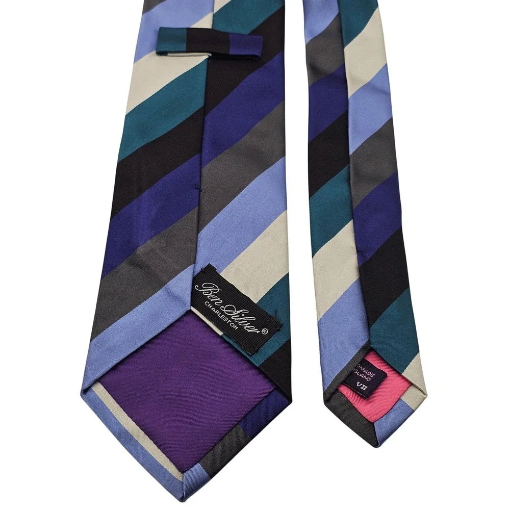 Ben Silver Silk Tie Blue Teal Grey Striped Preppy Ivy‎ League Handmade England